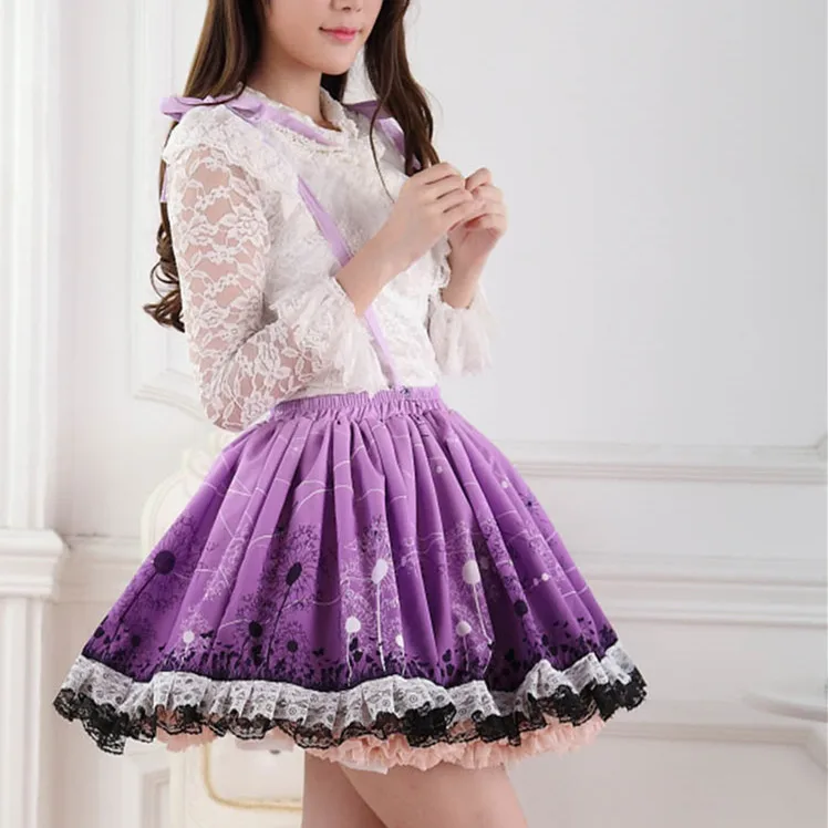 

Purple dandelion print suspenders jumper skirt lady lolita princess pleated lace dreamy pastoral style women fashion skirts
