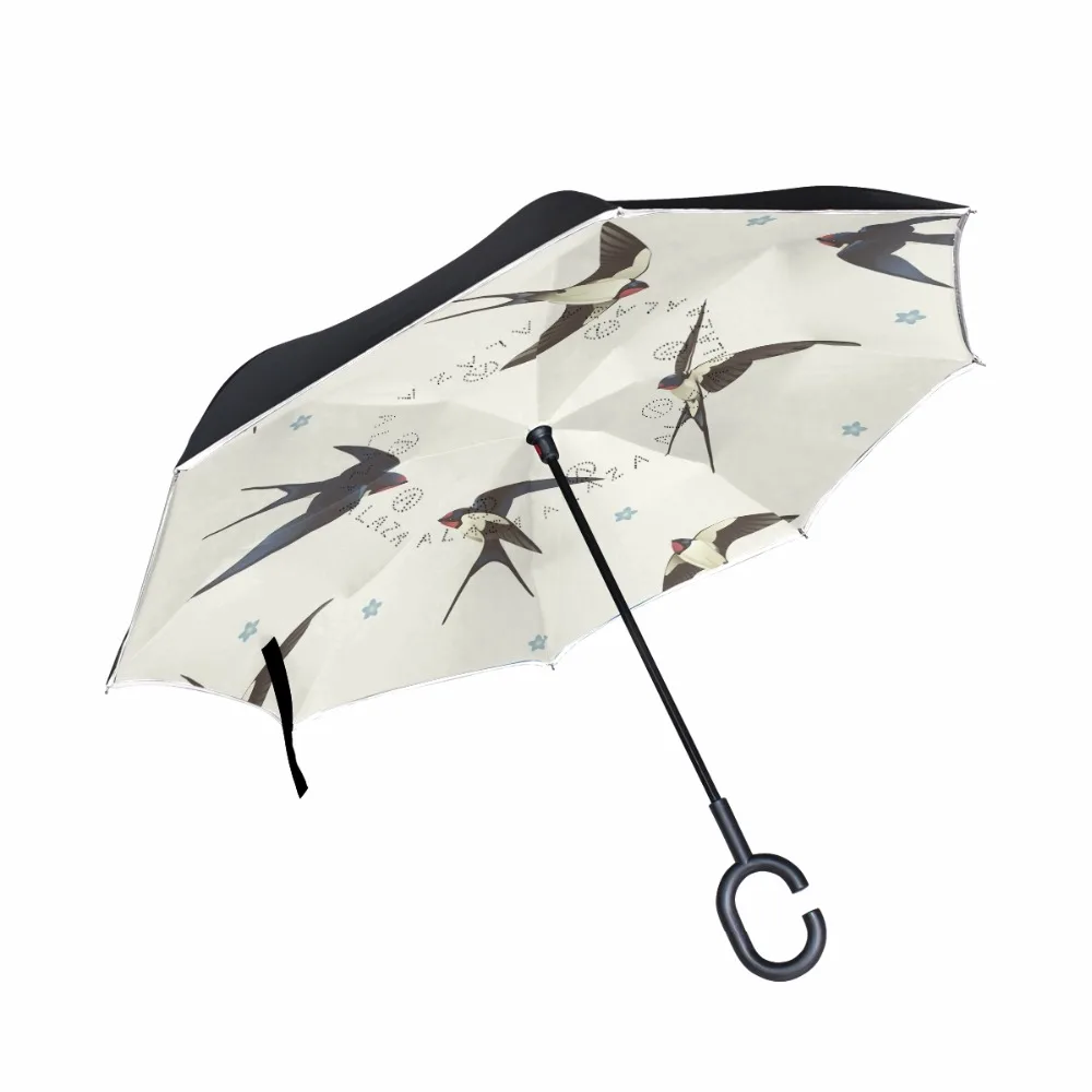 Drop Shipping Swallow Bird Ombrello Invertito A Doppio Strato Inverso Con Mani A Forma Di C Manico Lungo Autoportante All'Interno All'Esterno