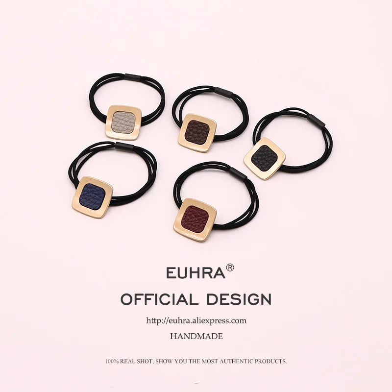 

EUHRA 5 Color Leather Striped Elastic Square Gold Solid Hair Bulb For Women Hair Band Kid Children Rubber Band New Design