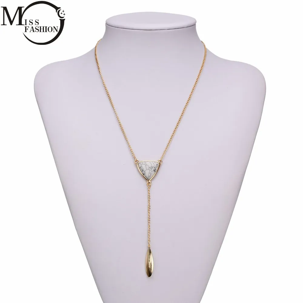 New Chic Gold Chain Y Shaped Necklace Long White Triangle Faux Stone