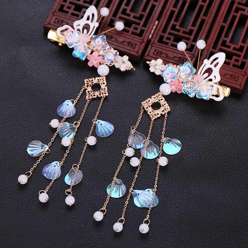 

FORSEVEN China Five-pointed Flower Long Tassels Pearl Colorful Hairpin Hair Accessories Bridal Bride Wedding Hairgrips Hairclips