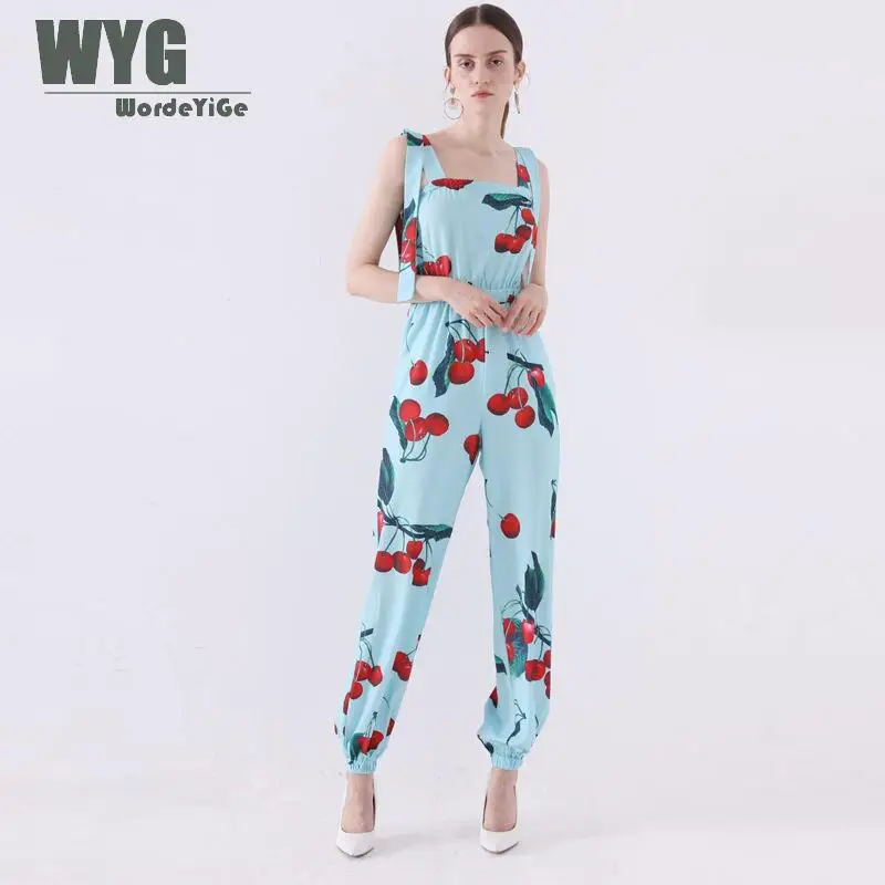 

Jumpsuit Women 2019 Summer New Arrival Cherry Print Sleeveless Adjustable Elastic Waist Ladies Backless Causal Overall