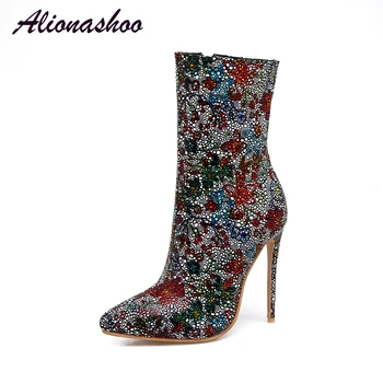 

Alionashoo 2018 fashion shoes woman sexy floral boots zipper pointed toe stilettos high heels mid calf boots Ladies Plus Size 48