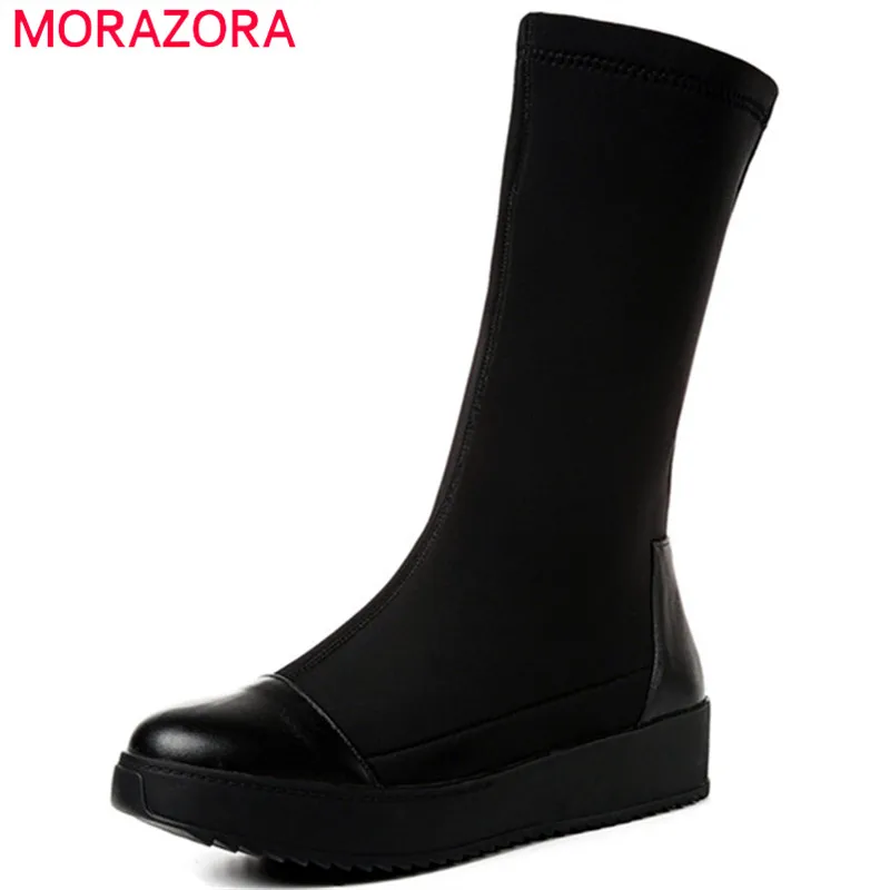 

MORAZORA 2019 black genuine leather ankle boots women round toe spring autumn boots casual platform shoes lady Stretch boots