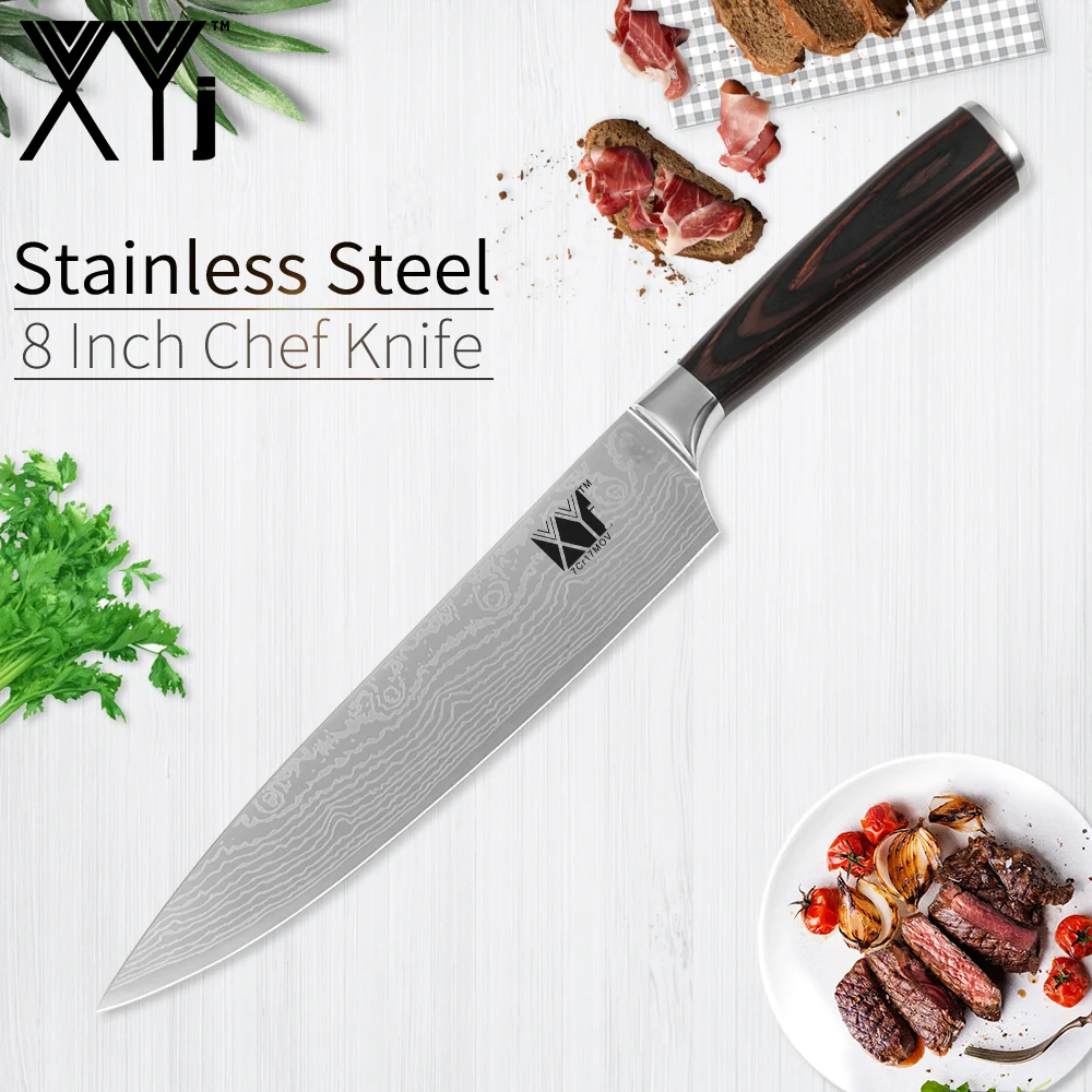XYj Stainless Steel Kitchen Knife Damascus Veins Blade Color Wood Handle 8'' 7'' 5'' 3.5'' Cooking Knives Fish