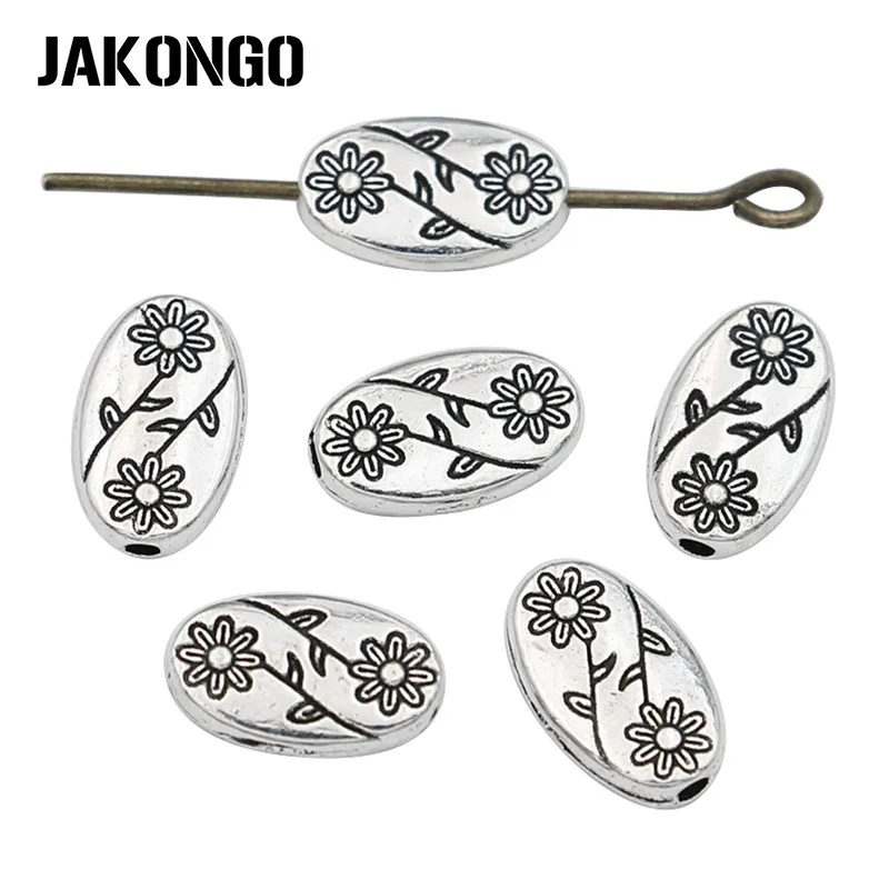

JAKONGO Oval Flower Spacer Beads Antique Silver Plated Loose Beads Jewelry Making Bracelet Accessories DIY 40pcs/lot