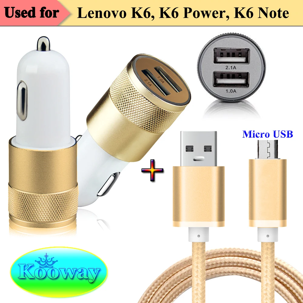 Dual USB Car Charger & 1M Micro USB Charging Data Cable for Lenovo K6