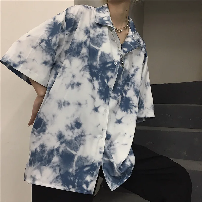 

Tie Dye Vintage Hippie Printed Short Sleeve V-Neck Turndown Loose Blouse Summer Harajuku Streetwear Korean Women Shirt Top Blusa