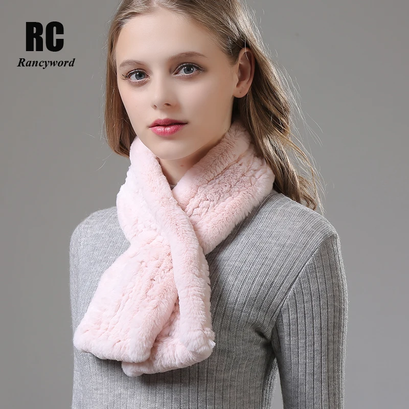 

[Rancyword] Women Scarf Luxury Brand Thick Warm Knitted Real Rex Rabbit Fur Scarves Ladies Soft Cashmere Scarves Shawls RC1381