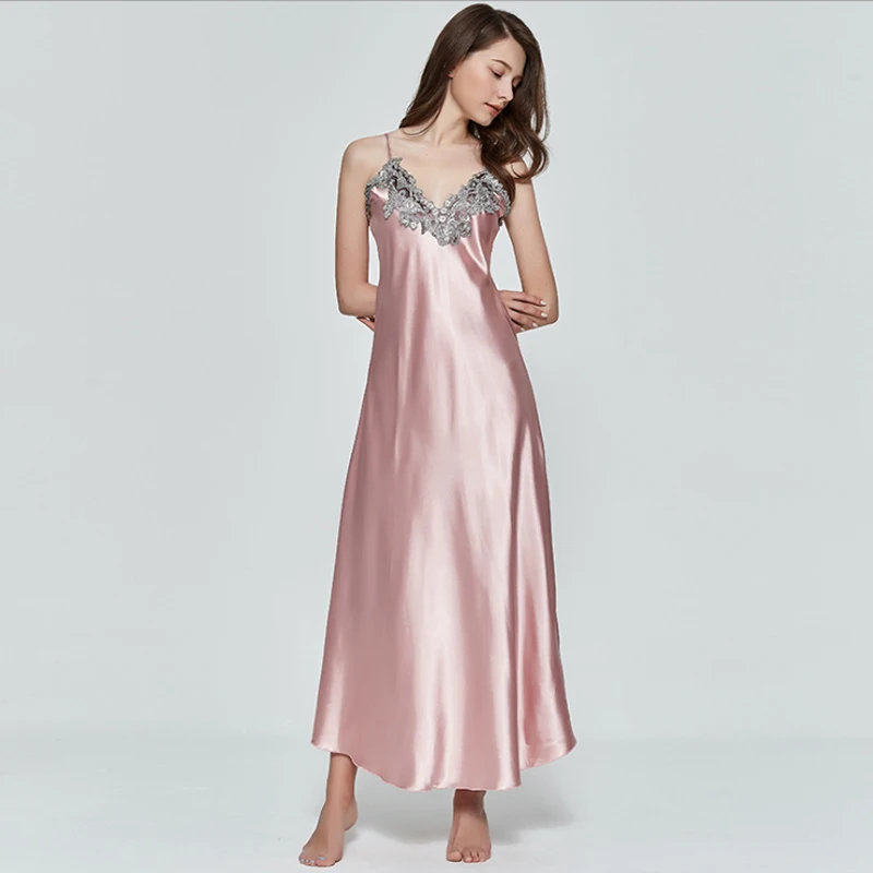 Женская длинная ночная рубашка, ночная рубашка, атласное шелковое ночное белье, кружевное платье с v-образным вырезом