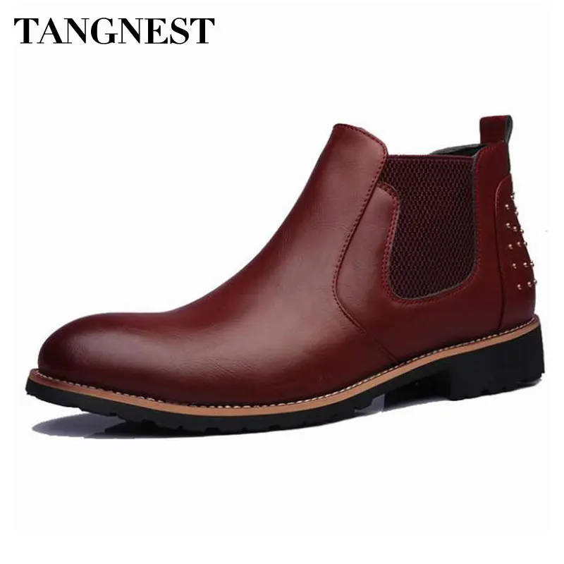 

Tangnest NEW British Style Chelsea Boots For Men Autumn Split Leather Ankle Boots Vintage Rivets Pointed Toe Wedge Shoes XMX877