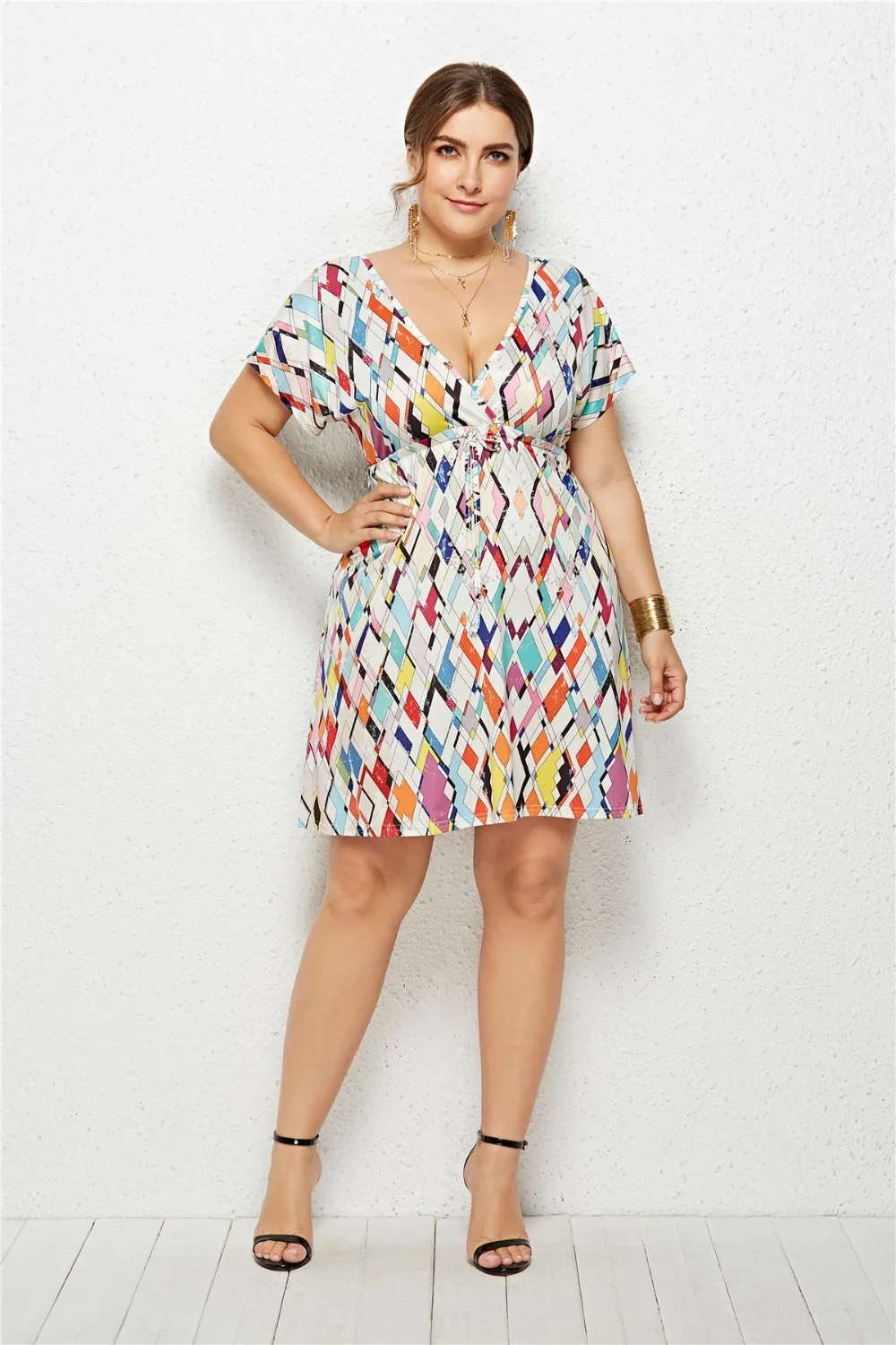 

Women Digital Print Lace Up High Waist Summer Mini Dress Plus Size Sexy Deep V neck 2019 Casual Loose Beach Dress Female Vestido