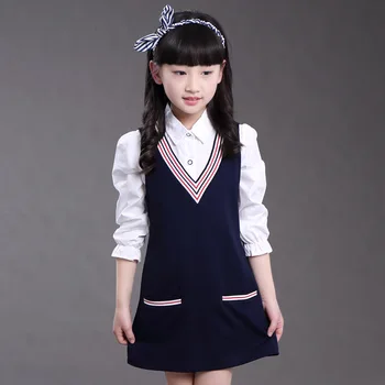 

Girls College Students Lined Wind Shirt-dress Two Pieces Suit Kids Clothing Sets Black Cotton