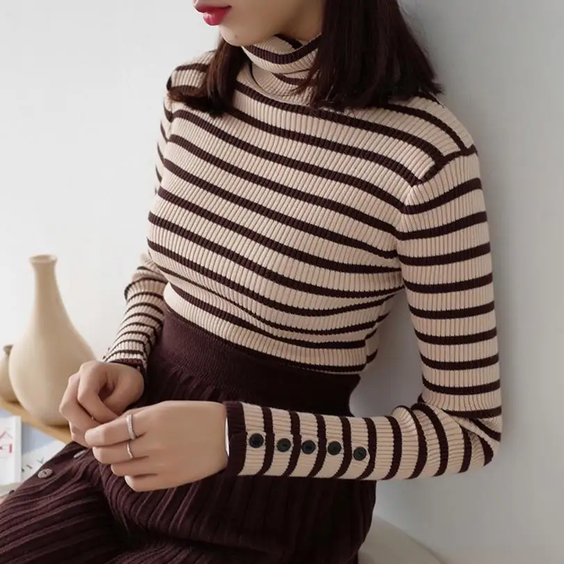

new turtleneck striped sweater female long-sleeved shirt Slim pullover women