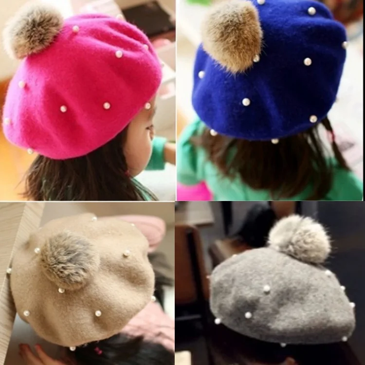 Winter Fashion Style Childrens Beret Hats Warm Pearl Girl's Hatsberet