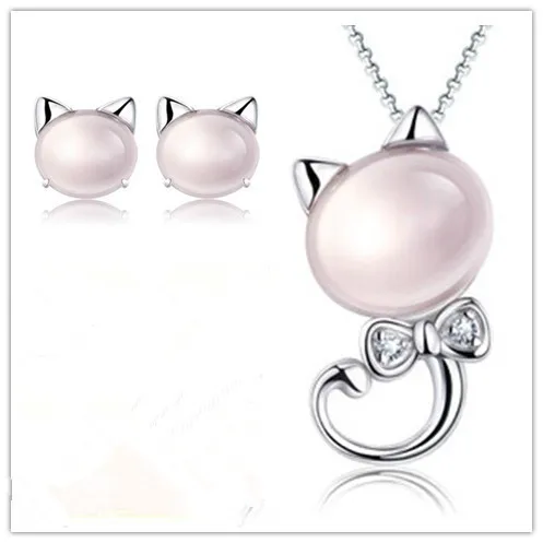 2016 New arrival hot sell little cat design pink opal stone 925 sterling silver ladies`stud earrings/necklaces jewelry set gift | Украшения