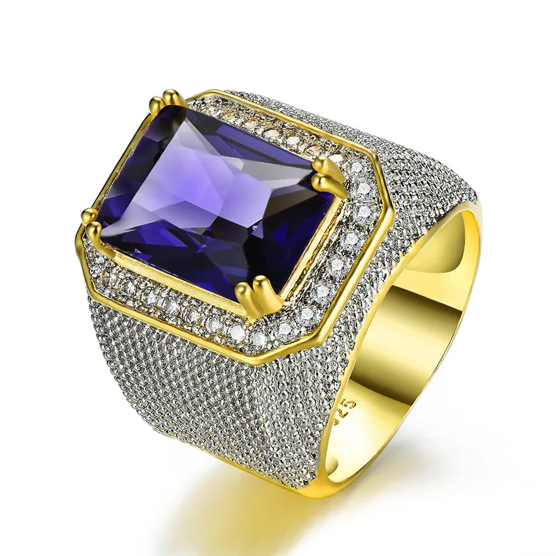 Модное большое мужское фиолетово-желтое геометрическое кольцо с кристаллами, белым цирконием, обручальное кольцо, 18 К Золотое большое обручальное кольцо для мужчин - Цвет основного камня: Purple