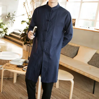 Новые повседневные винтажные мужские хлопковые льняные длинные рубашки с длинным рукавом, рубашки с воротником-стойкой, Китайская традиционная одежда, мужская рубашка, костюм - Цвет: CS501 Navy