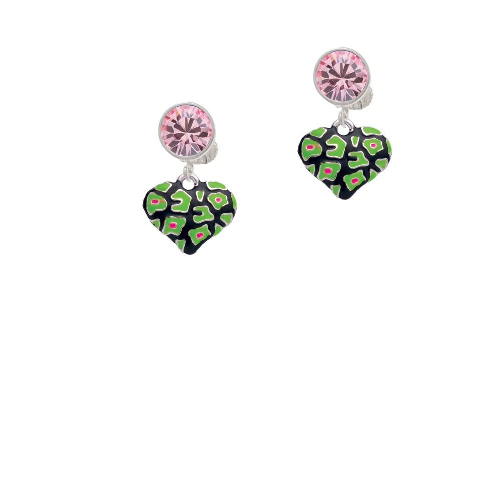 Lime Green Cheetah Print Heart Crystal Clip On Earrings (3)