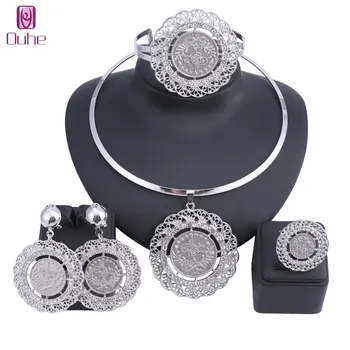 

Latest Best Quality Fashion Italian Jewelry Dubai Crystal Jewelry sets African Women Big Necklace Bangle Earring Ring Jewellery