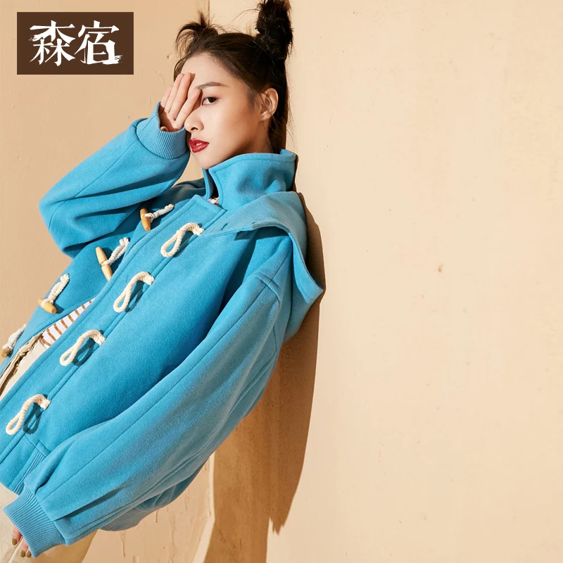 

Samstree Winter Hooded Women Wool Coat Horn Button Thread Blue Female Blends Short Loose Jacket Preppy Style