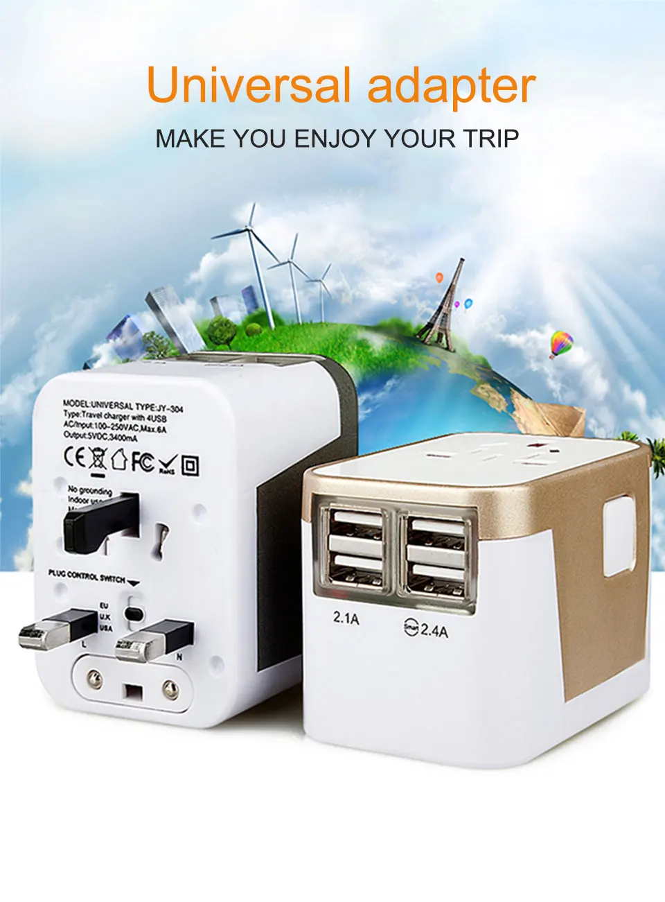 4 USB Part Adaptor Universal Adapter plug Travel Abroad To Carry Worldwide Electrical Socket UK USA Europe AUS Conversion Plug (1)