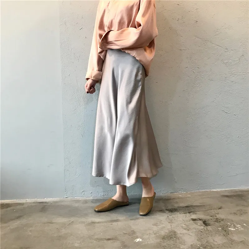 Vintage Summer Satin Skirt 2019 Long High Waist Midi Skirt For Women's A-Line Elegant Autumn Woman Fishtail Skirts Y0320 (24)