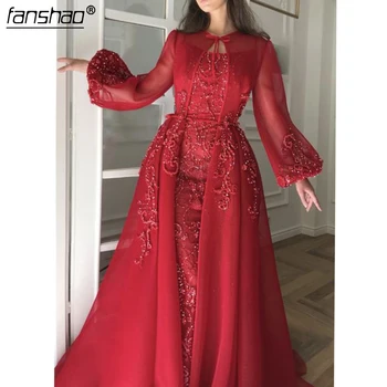 

Formal Red Muslim Evening Dresses Detachable A-line High Slit Long Sleeves Beads Dubai Saudi Arabic Long Evening Gown Prom Dress