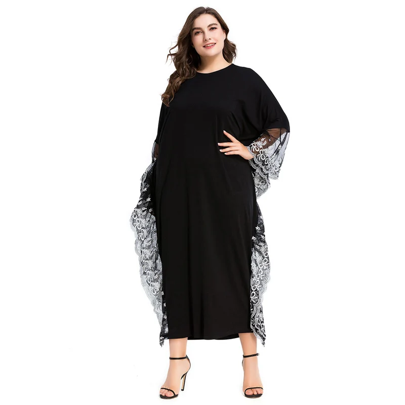 Кружевное мусульманское платье с широкими манжетами, черное платье с рукавом летучая мышь, Свободное длинное платье макси большого размера, исламские элегантные марокканские вечерние платья