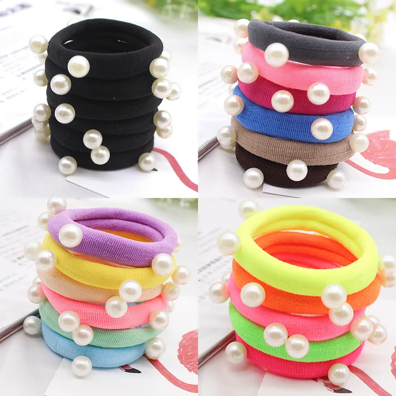 

8 Pcs/lot Candy Fluorescence Colored Hair Holders High Quality Pearl Rubber Bands Hair Elastics Accessories Girl Women Tie Gum