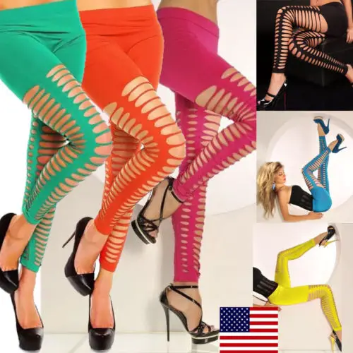 

Women Sexy Clubwear Ripped Hollow out Casual Stretchy Skinny High Waist Leggings Pencil Pants Trousers