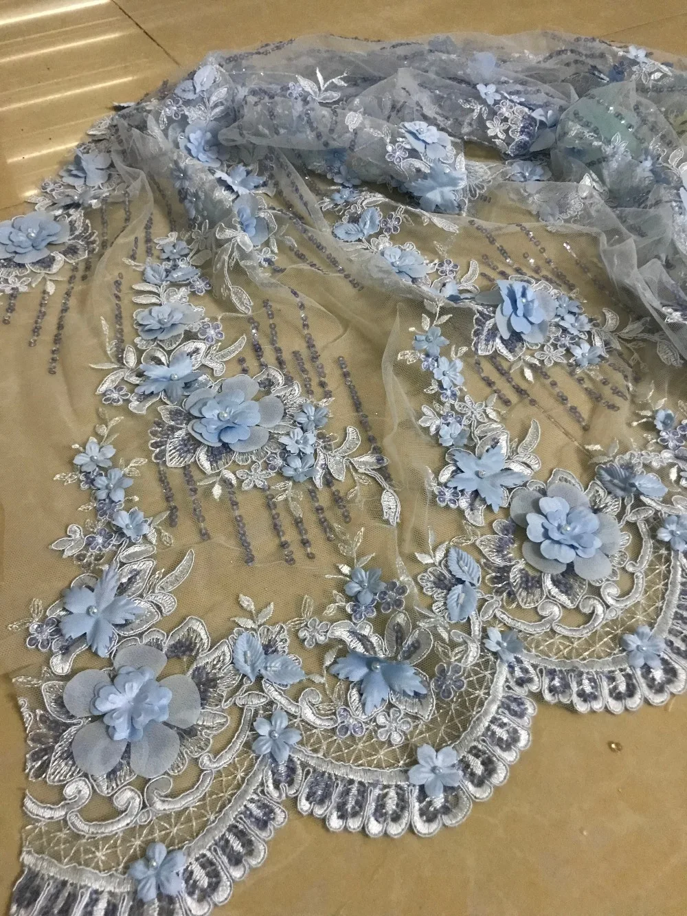 

new design ZH-4917 with 3d flower Embroidery french net lace fabric for wedding dress/evening dress