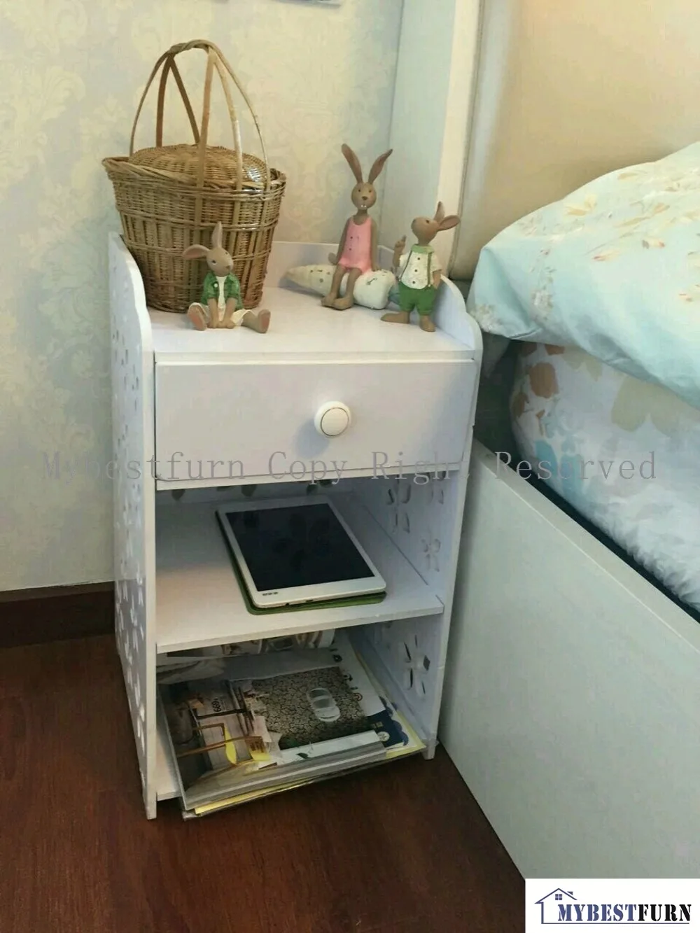 

Mybestfurn Small Size White Wood Nightstand, Carved Flower Drawer Nightstand Cabinet For Kid Or Adult 253C (Storage In USA)