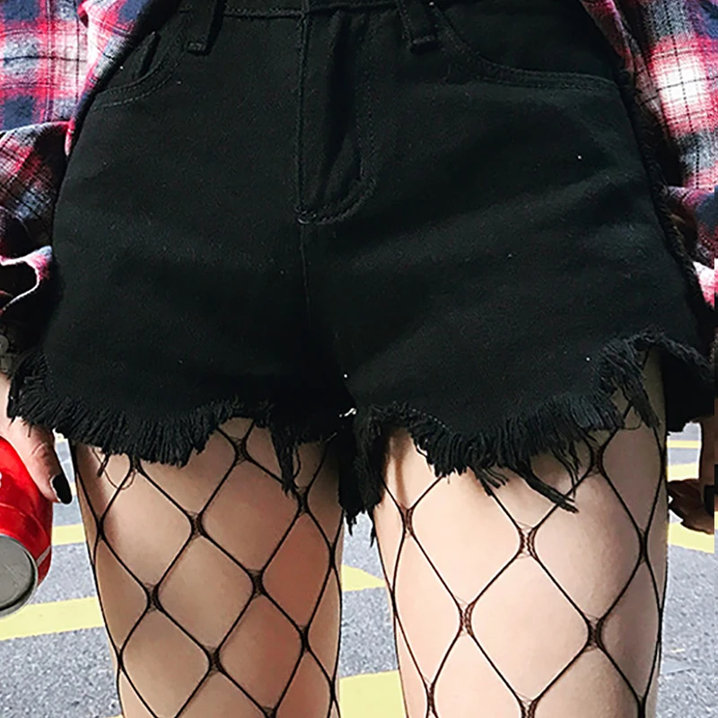 Женские летние шорты, джинсовые черные корейские винтажные свободные шорты с высокой талией и пуговицами