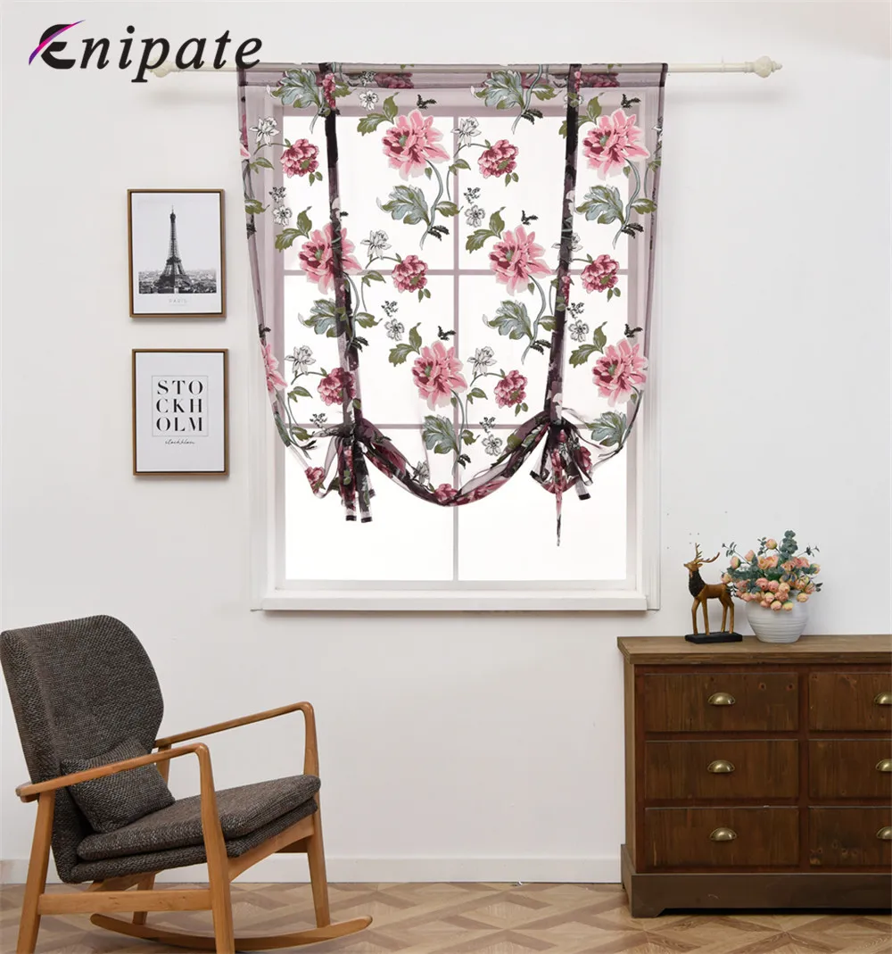 

Enipate Kitchen Short Sheer Burnout Roman Blinds Curtains Peony Flower Printed Rome Short Door Curtain Home Decoration