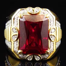 Великолепное мужское большое кольцо с красным камнем, модное кольцо с желтым золотом 18 К, винтажное обручальное кольцо для мужчин