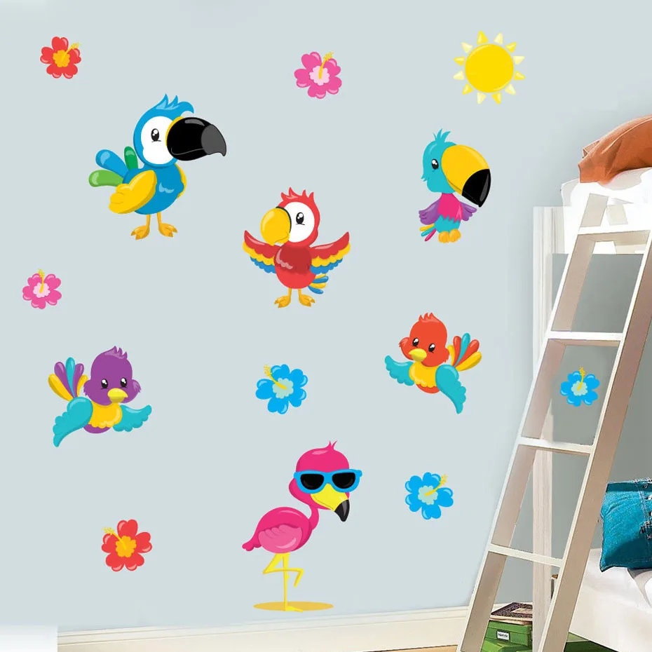 Cartoon Little Bird Flamingo Parrot Wall Decal Room Decoration Stickers for Nursery Baby Children's Kids Bedroom Home Wallpaper (2)