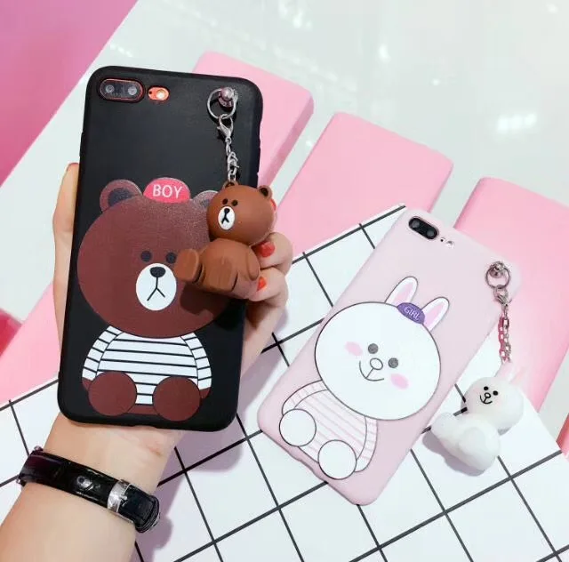 for Vivo Y79 Case Cute Animal Cartoon Brown Bear Connie Rabbit Chicken Best Friends Back Cover Bag with Toy Stand |