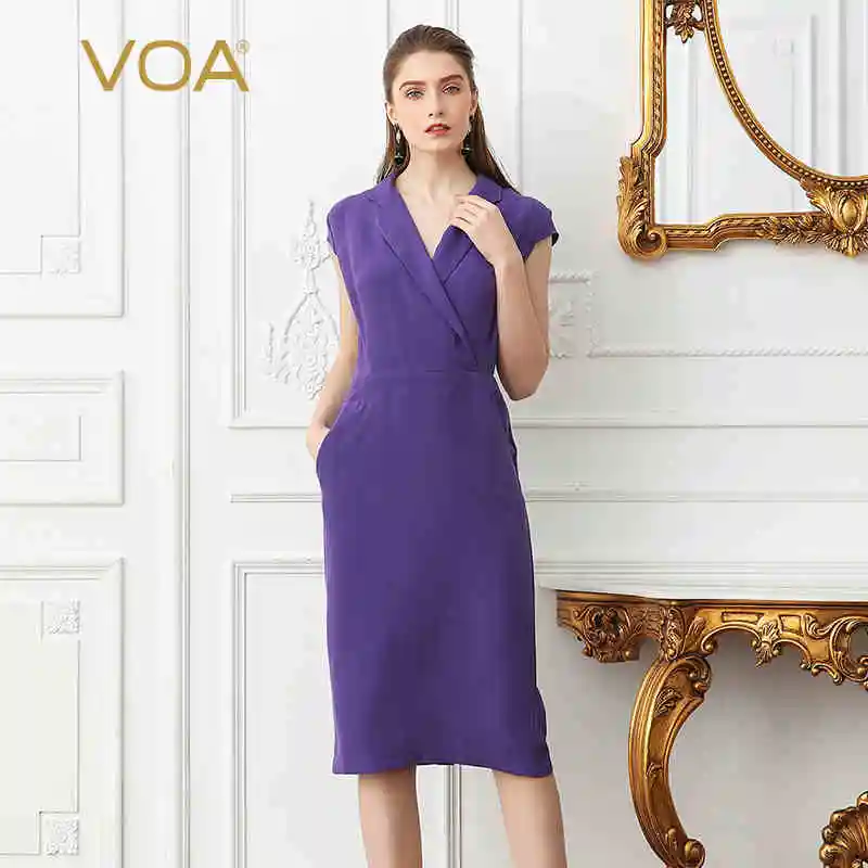 

VOA 2018 Fashion Purple Plus Size Office Lady High Waist Slim Pencil Dress Brief Solid Women Heavy Silk Tunic Dresses Fall A1059