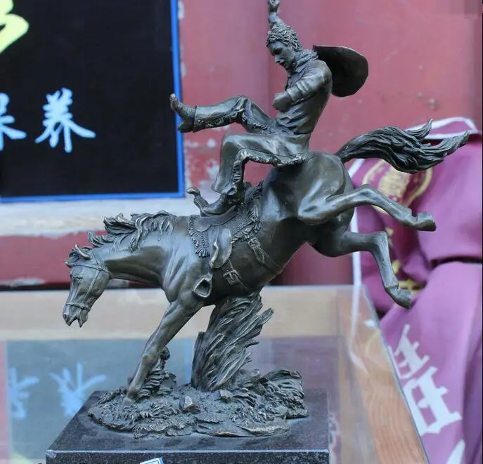 

11" Western West Cowboy Ride Horse Art Bronze Copper Marble Statue Sculpture