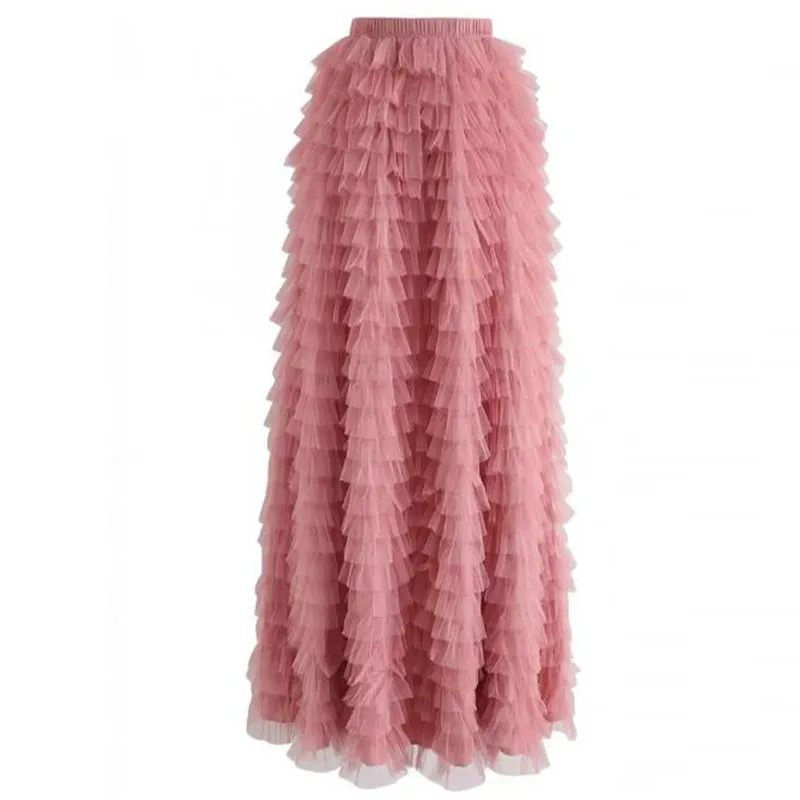 Женские юбки, розовые многоярусные плиссированные тюлевые юбки длиной до щиколотки, Женская юбка макси, дизайн, фатиновая юбка, модная, на заказ