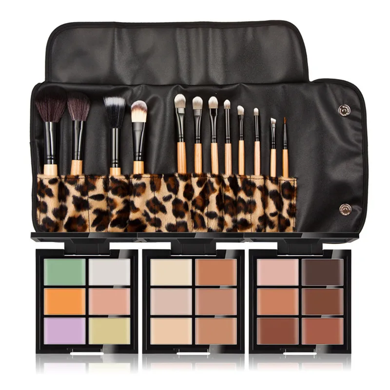 New Concealer Cream Leopard Kits with 12 Foundation Blush Brush Wood Soft Cosmetic Eyeshadow