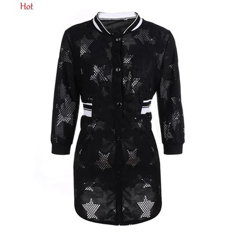 

Women Camouflage Coats Lace Hollow Star Print Jackets Casual Baseball Collar Army Coat Mid Long Style Outwear Hot SV025987