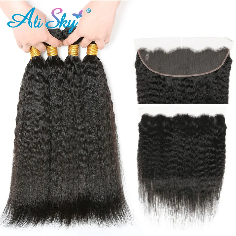 Malaysia Kinky Straight Hair Bundles with lace frontal NonRemy Human Hair Extensions AliSky Natural Black Color Weave 4 Bundles
