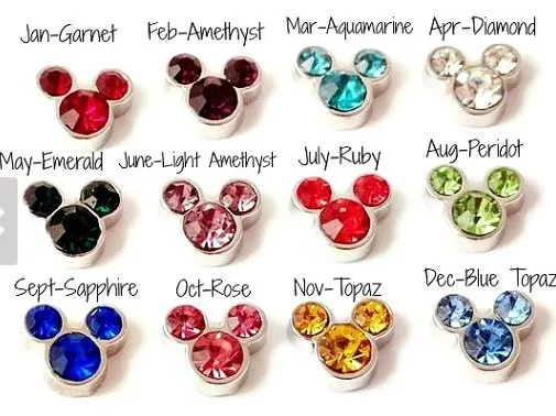 

Hot selling 120pcs/lot mix 12 color Mickey head birthstone floating charms living glass floating pendant lockets charms