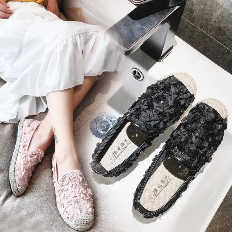 

Summer Espadrille Lace Flat Shoes Women Casual Fisherman Flats Ladies Hollow Breathable Air Mesh Lightweight Soft Lazy Loafers