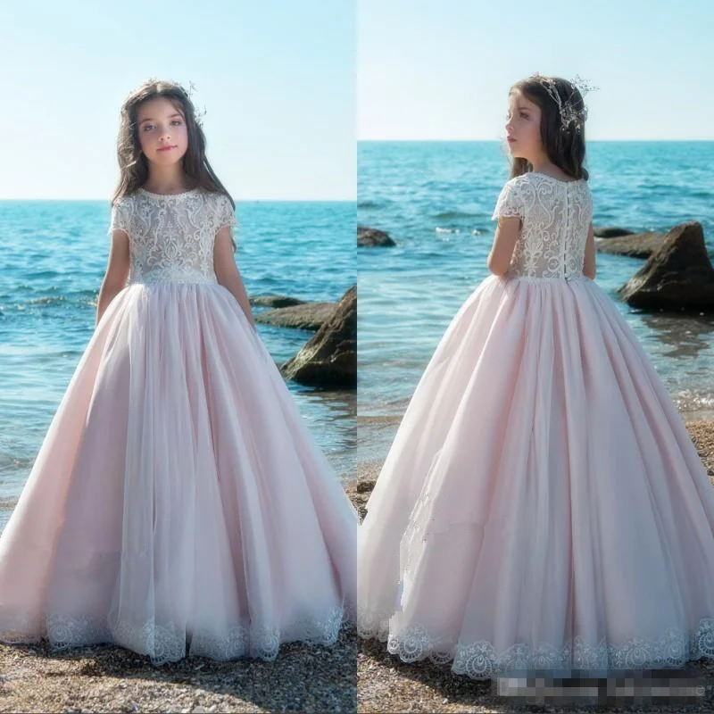 

lovely Pink O-Neck Short sleeve Flower Girl Dresses Appliques for First Communion Lace Gown Girls Fluffy Evening Dresses