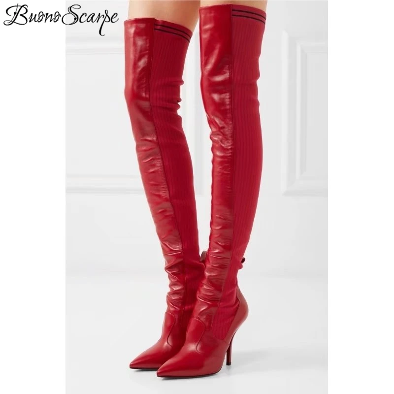 

BuonoScarpe New Brand Women Black Red Real Leather Boots Pointed Toe Stiletto Thin High Heels Boots Over The Knee Thigh Boots