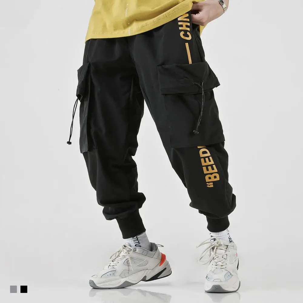 

2019 harajuku mens harem pants big pocket streetwear hip hop letter print sweatpants Japanese Korean casual cargo pants kpop