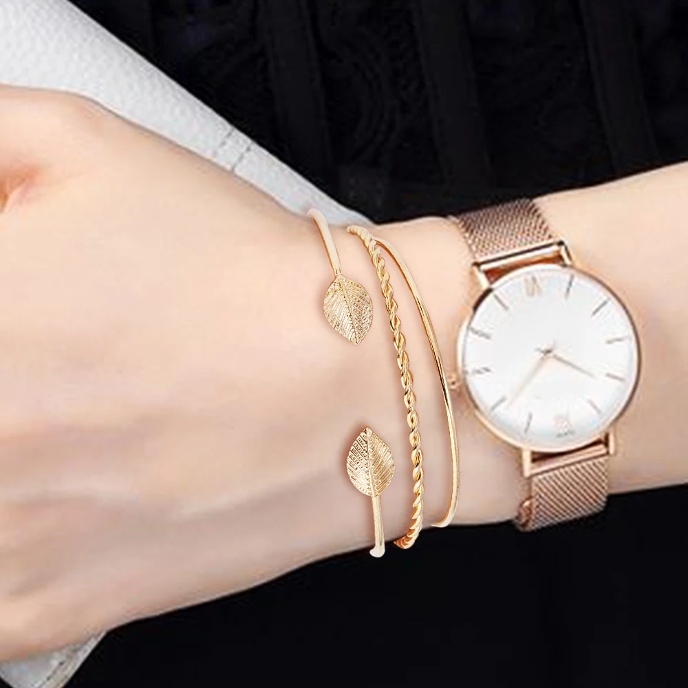 

3 Pcs/Set Women Vintage Charm Cuff Bangle Simple Leaves Cross Chain Bracelets & Bangles Boho Adjustable Round Circle Arm Bangle
